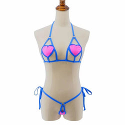 Blue lace-up micro bikini set on mannequin: heart triangle bra, thong bottoms