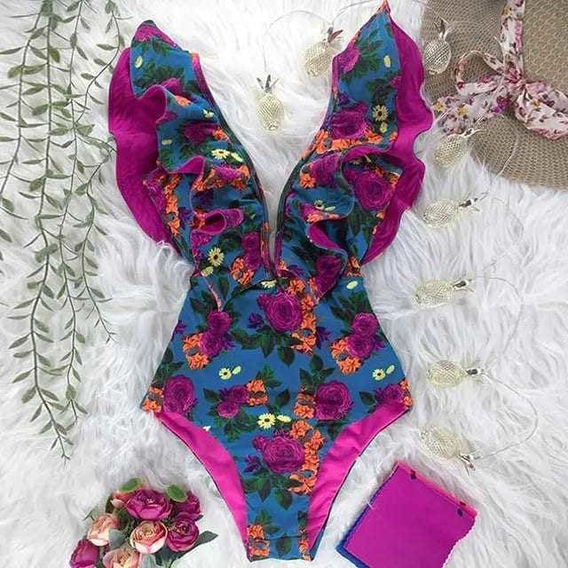 Sexy Off The Shoulder Ruffle Print Floral One Piece Swimsuit - NA19589B1 / M On sale