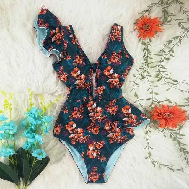 Sexy Off The Shoulder Ruffle Print Floral One Piece Swimsuit - NA19589B2 / M On sale