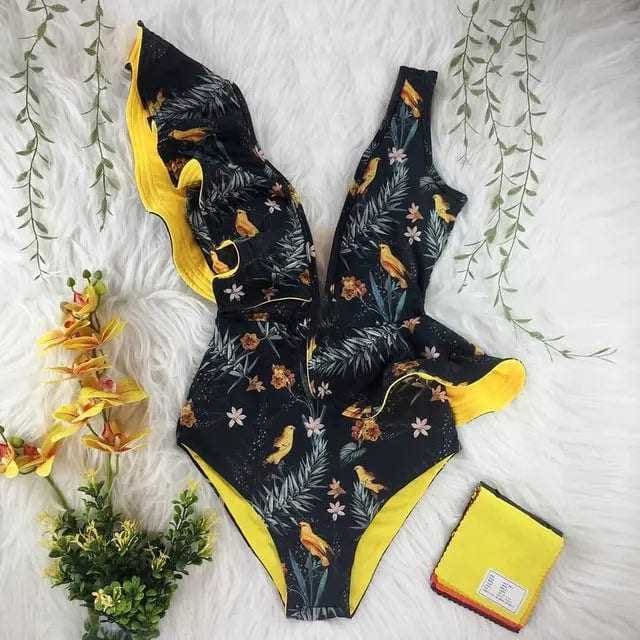 Sexy Off The Shoulder Ruffle Print Floral One Piece Swimsuit - NA19589D1 / XL On sale