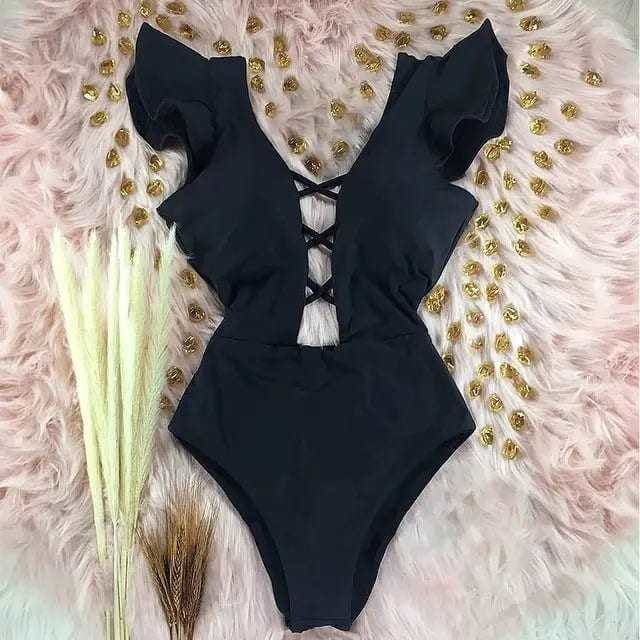 Sexy Off The Shoulder Ruffle Print Floral One Piece Swimsuit - NA19589D9 / M On sale
