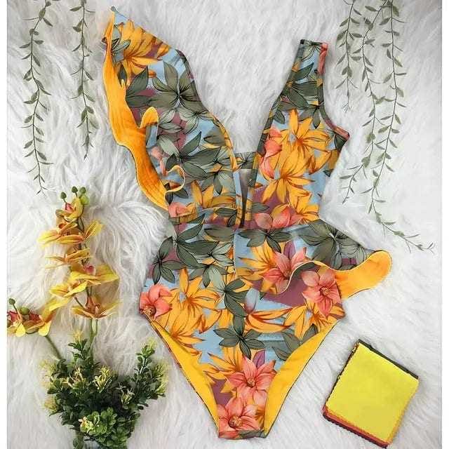 Sexy Off The Shoulder Ruffle Print Floral One Piece Swimsuit - NA19589O3 / XL On sale