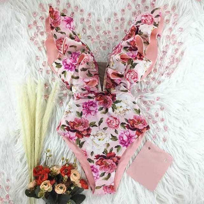 Sexy Off The Shoulder Ruffle Print Floral One Piece Swimsuit - NA19589P9 / XL On sale