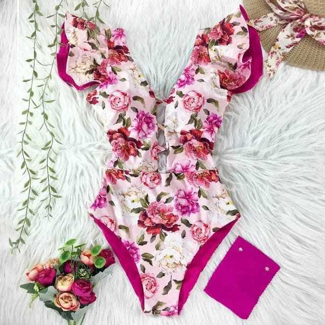 Sexy Off The Shoulder Ruffle Print Floral One Piece Swimsuit - NA19589PA / XL On sale