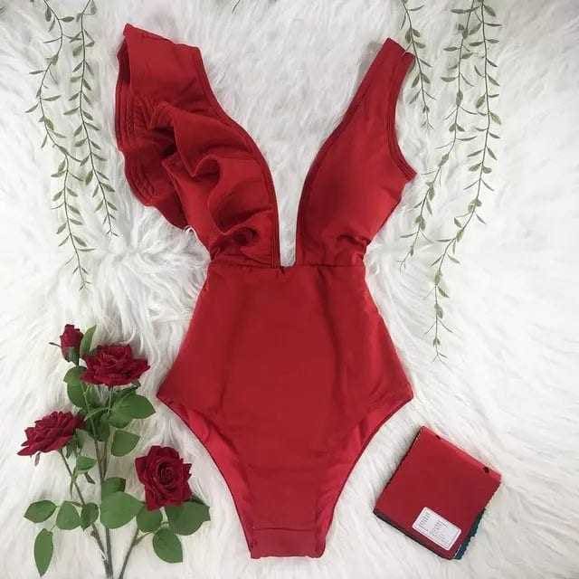 Sexy Off The Shoulder Ruffle Print Floral One Piece Swimsuit - NA19589R3 / XL On sale