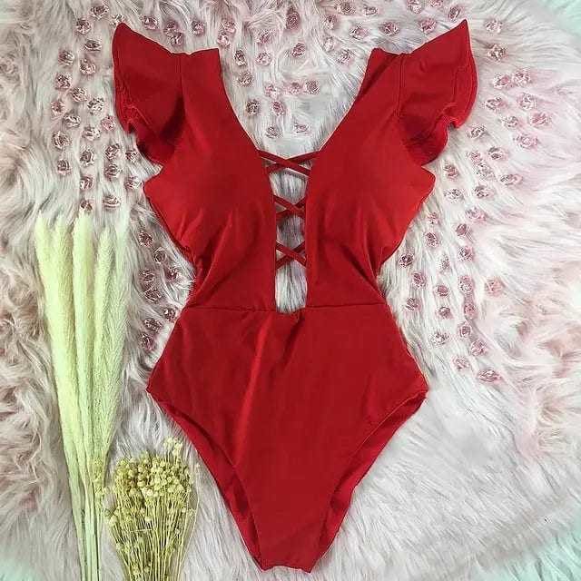 Sexy Off The Shoulder Ruffle Print Floral One Piece Swimsuit - NA19589R6 / M On sale