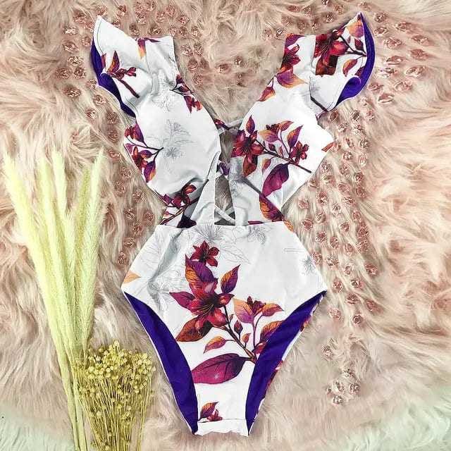 Sexy Off The Shoulder Ruffle Print Floral One Piece Swimsuit - NA19589W2 / XL On sale