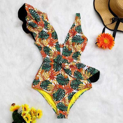 Sexy Off The Shoulder Ruffle Print Floral One Piece Swimsuit - NA19589Y1 / XL On sale