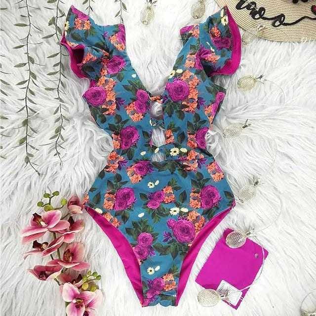 Sexy Off The Shoulder Ruffle Print Floral One Piece Swimsuit - NA19589Z1 / XL On sale