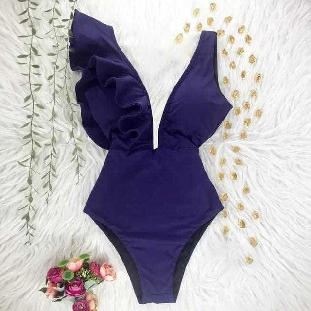 Sexy Off The Shoulder Ruffle Print Floral One Piece Swimsuit - NA19589Z5 / XL On sale