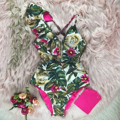 Sexy Off The Shoulder Ruffle Print Floral One Piece Swimsuit - NA19590G1 / L On sale
