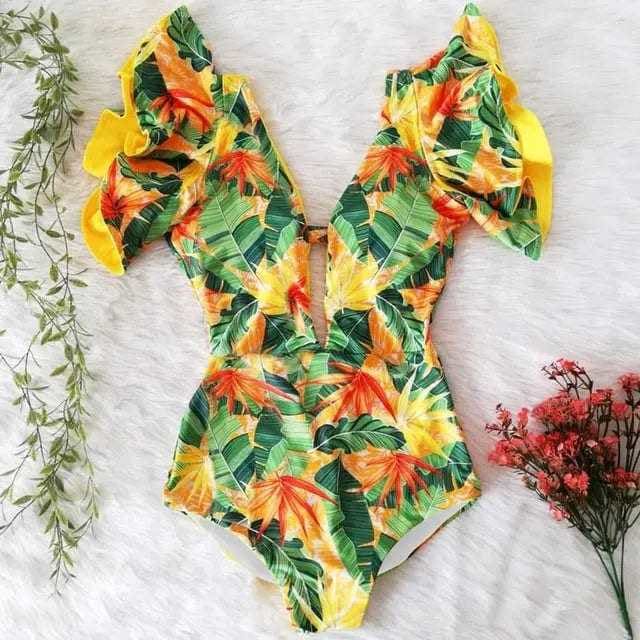 Sexy Off The Shoulder Ruffle Print Floral One Piece Swimsuit - NA19591Y1 / XL On sale