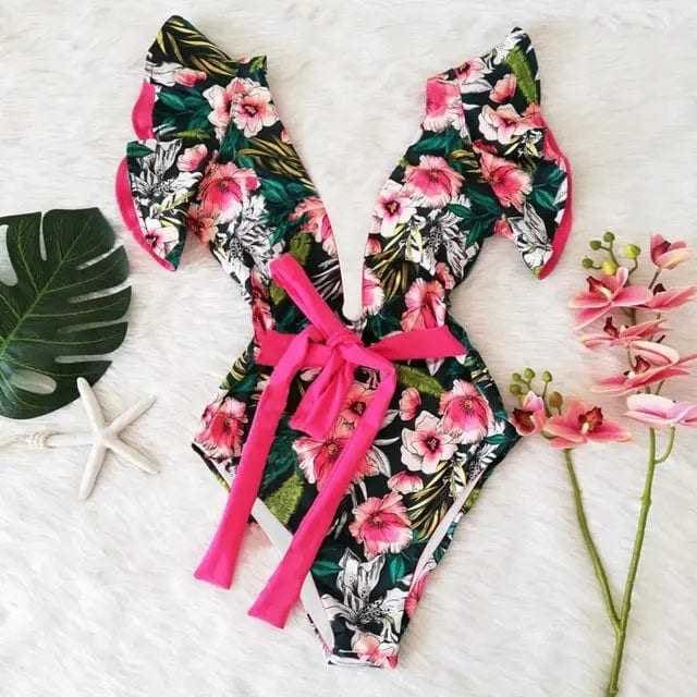 Sexy Off The Shoulder Ruffle Print Floral One Piece Swimsuit - NA19592D1 / XL On sale