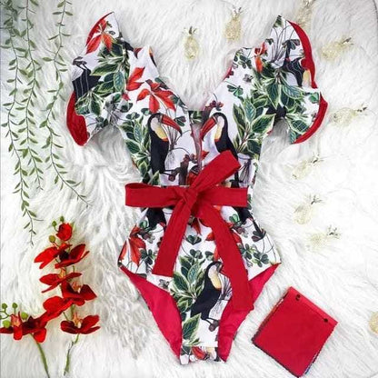 Sexy Off The Shoulder Ruffle Print Floral One Piece Swimsuit - NA19592R1 / M On sale