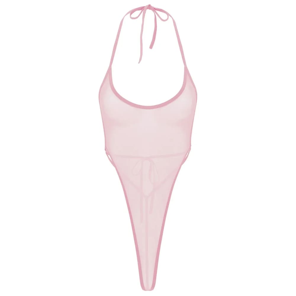 Sexy One-piece Sheer Mesh Thong Bodysuit Swimwear - Pink / One Size On sale