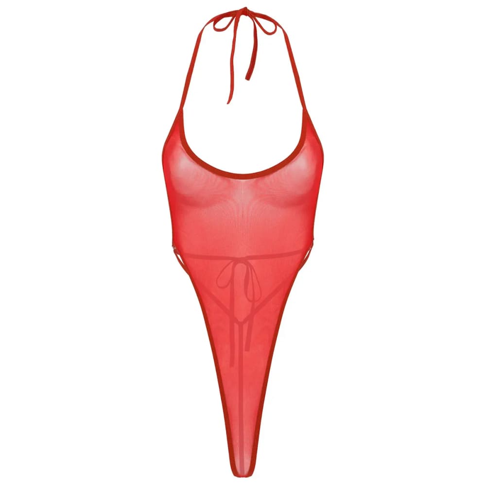 Sexy One-piece Sheer Mesh Thong Bodysuit Swimwear - Red / One Size On sale