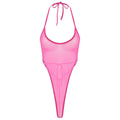 One-piece sheer mesh thong bodysuit in pink, halter tie straps