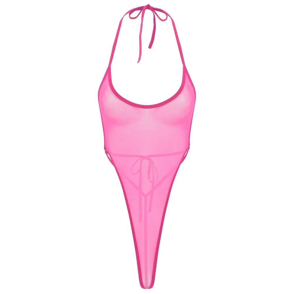 Sexy One-piece Sheer Mesh Thong Bodysuit Swimwear - Rose / One Size On sale