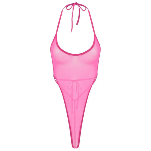 One-piece sheer mesh thong bodysuit in pink, halter tie straps