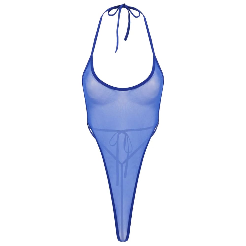 Sexy One-piece Sheer Mesh Thong Bodysuit Swimwear - Royal Blue / One Size On sale