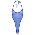 Sheer mesh thong one-piece bodysuit, royal blue halter with drawstring neck