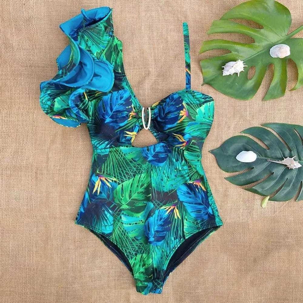 Sexy One Shoulder Ruffle Print Floral Piece Swimsuit - On sale