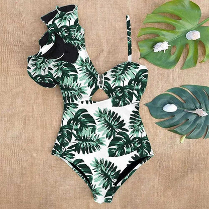 Sexy One Shoulder Ruffle Print Floral Piece Swimsuit - On sale