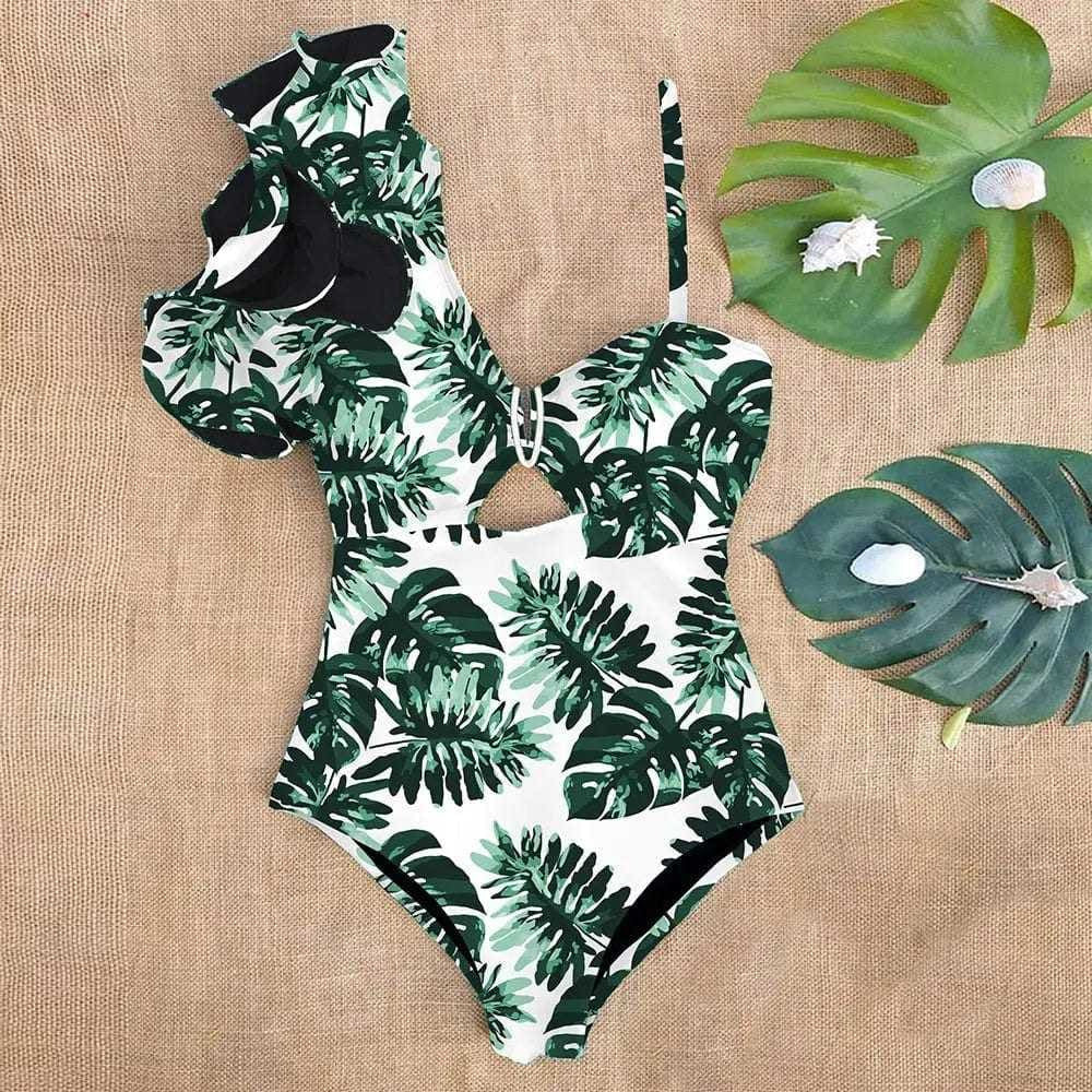 Sexy One Shoulder Ruffle Print Floral Piece Swimsuit - On sale
