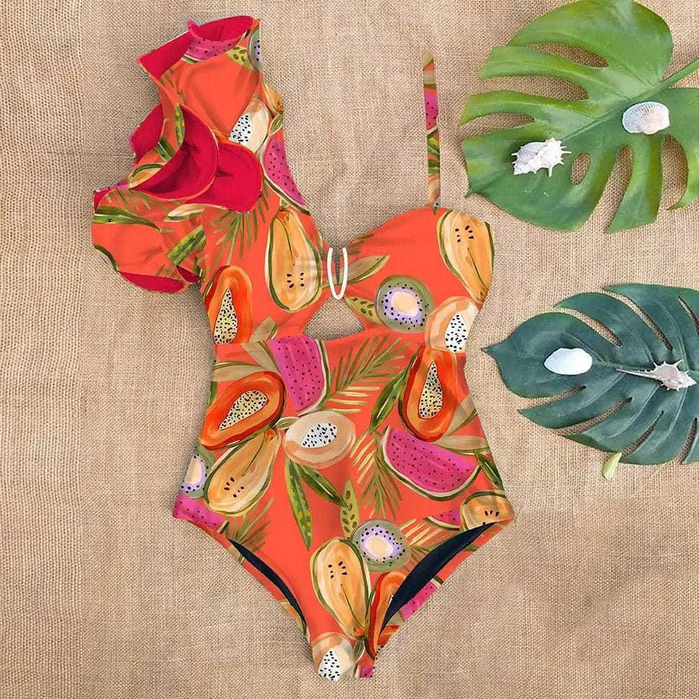 Sexy One Shoulder Ruffle Print Floral Piece Swimsuit - On sale