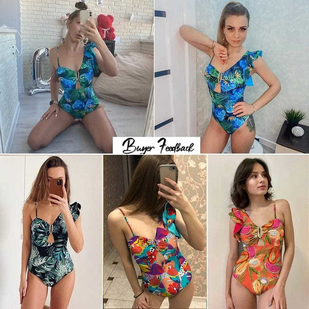 Sexy One Shoulder Ruffle Print Floral Piece Swimsuit - On sale