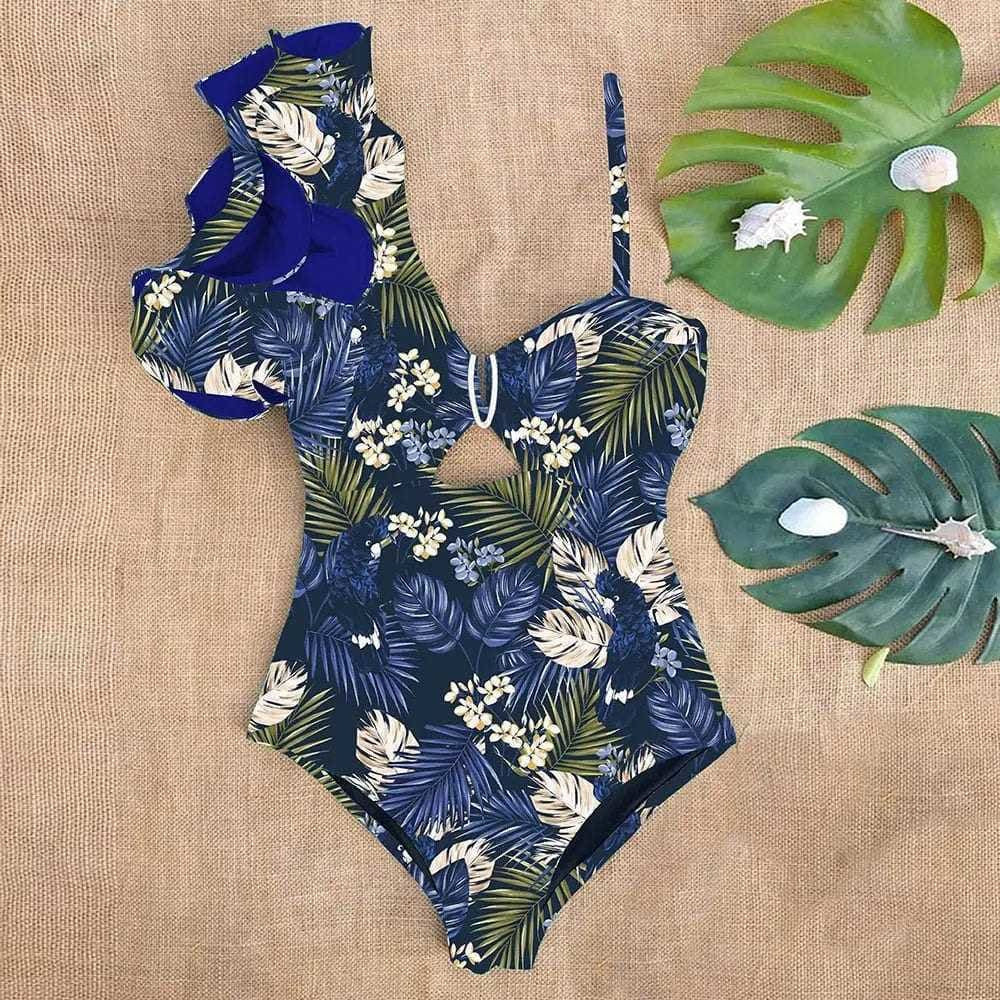 Sexy One Shoulder Ruffle Print Floral Piece Swimsuit - SW19943B2 / S On sale