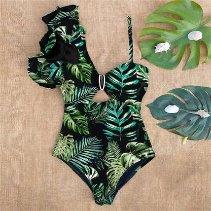 Sexy One Shoulder Ruffle Print Floral Piece Swimsuit - SW19943D1 / S On sale