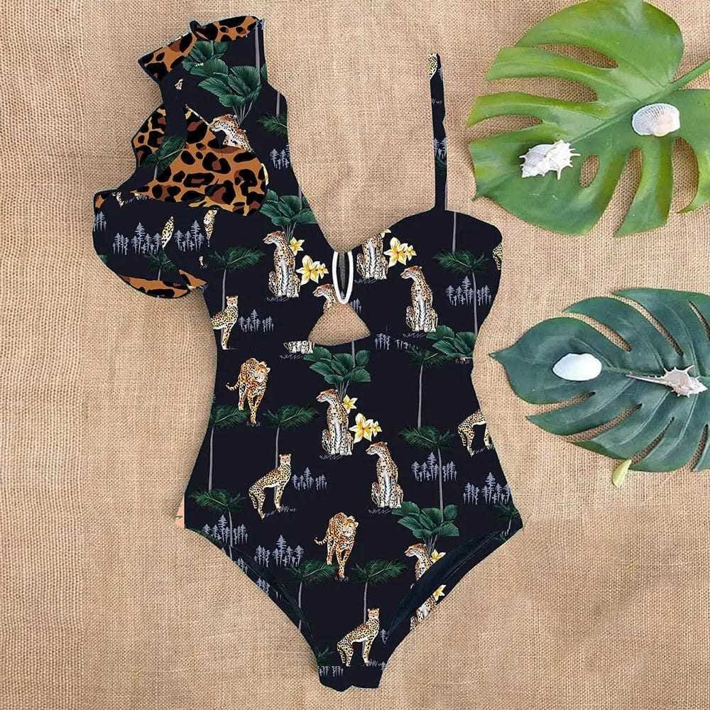 Sexy One Shoulder Ruffle Print Floral Piece Swimsuit - SW19943D3 / S On sale