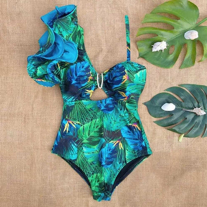 Sexy One Shoulder Ruffle Print Floral Piece Swimsuit - SW19943G1 / S On sale