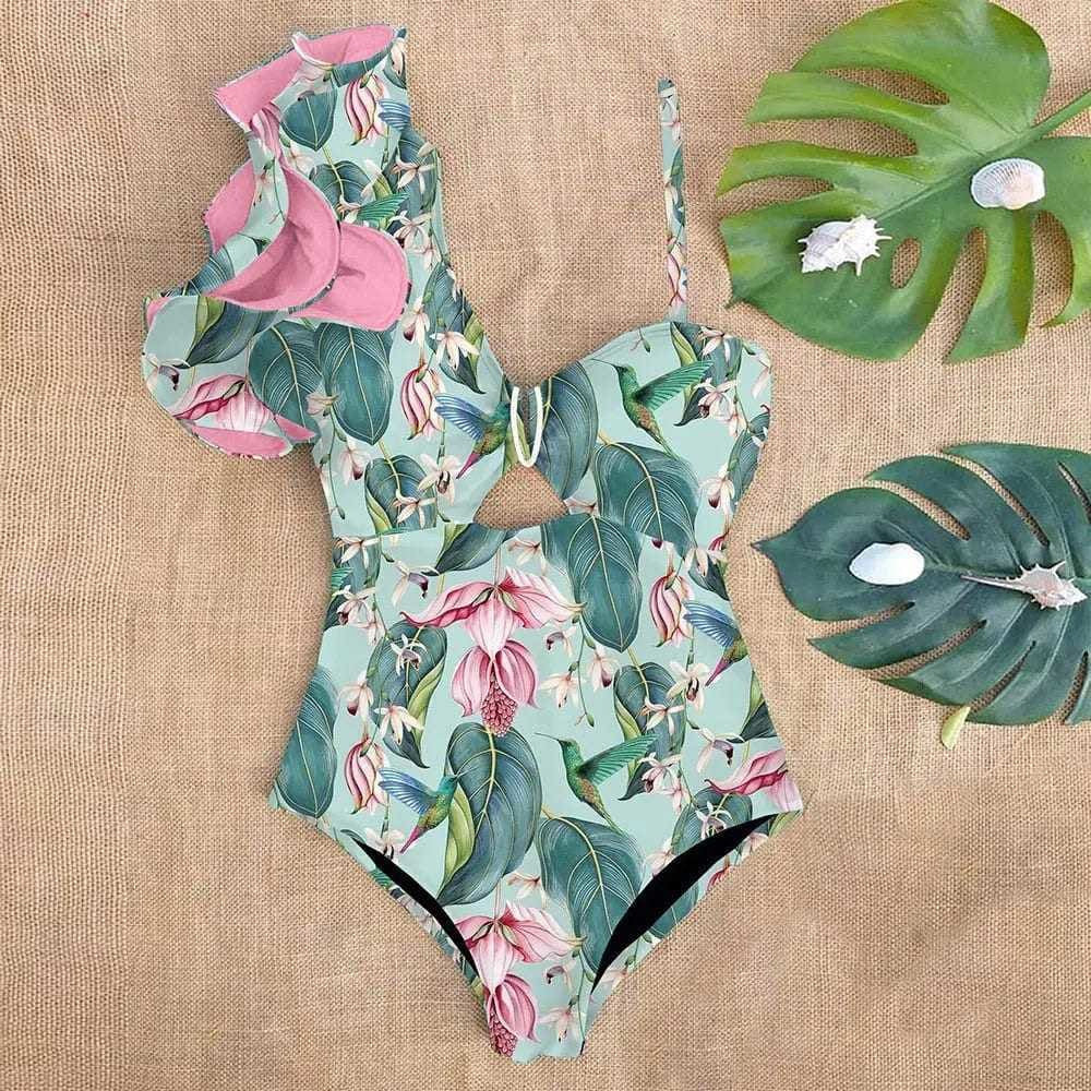 Sexy One Shoulder Ruffle Print Floral Piece Swimsuit - SW19943GA / S On sale