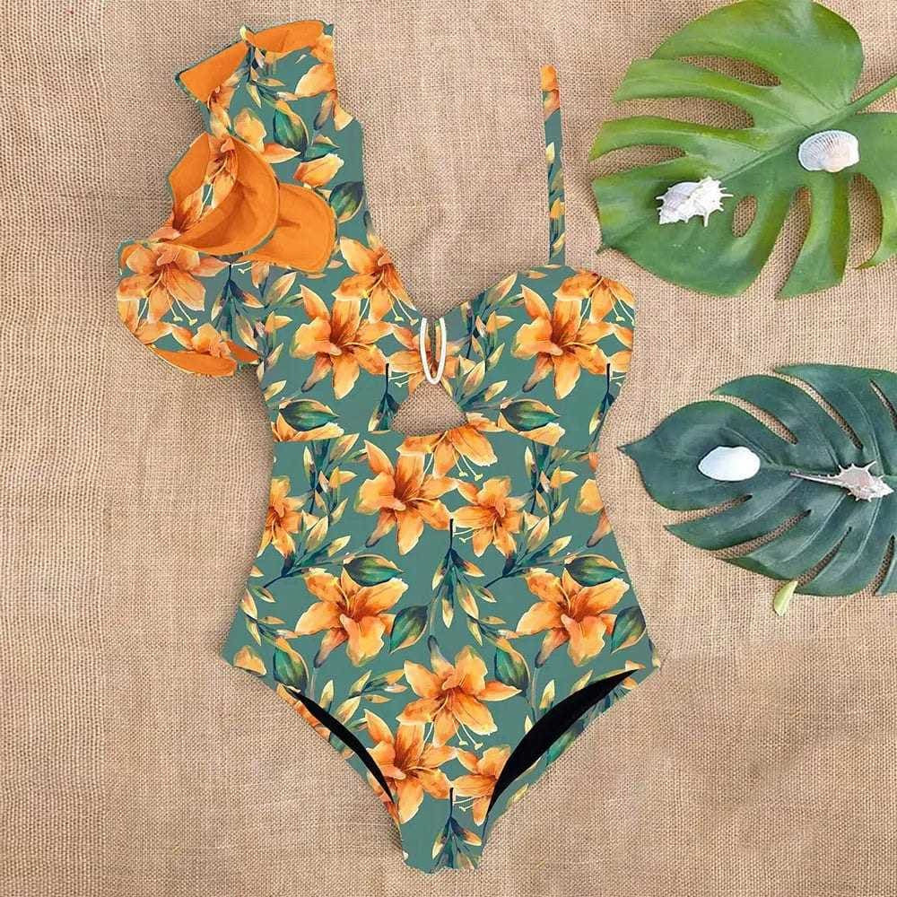 Sexy One Shoulder Ruffle Print Floral Piece Swimsuit - SW19943GB / S On sale