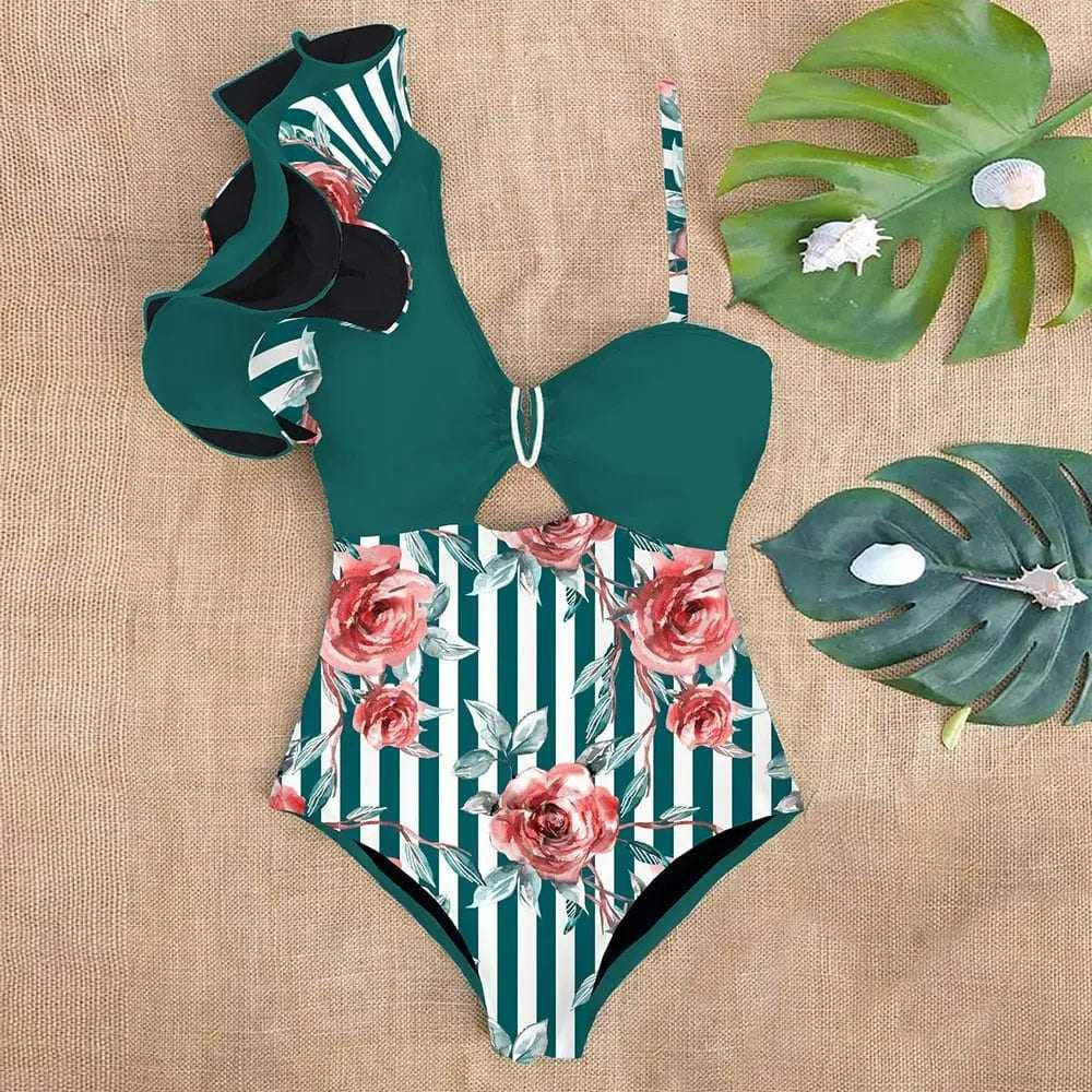 Sexy One Shoulder Ruffle Print Floral Piece Swimsuit - SW19943GC / S On sale