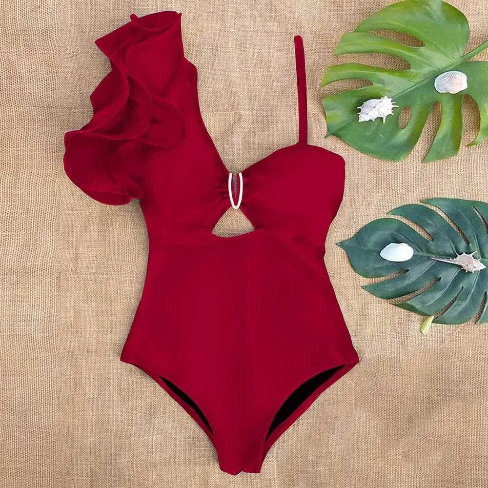 Sexy One Shoulder Ruffle Print Floral Piece Swimsuit - SW19943R2 / S On sale