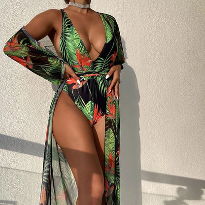 Sexy Palm Open Back Deep V One Piece Swimsuit - Green / S On sale
