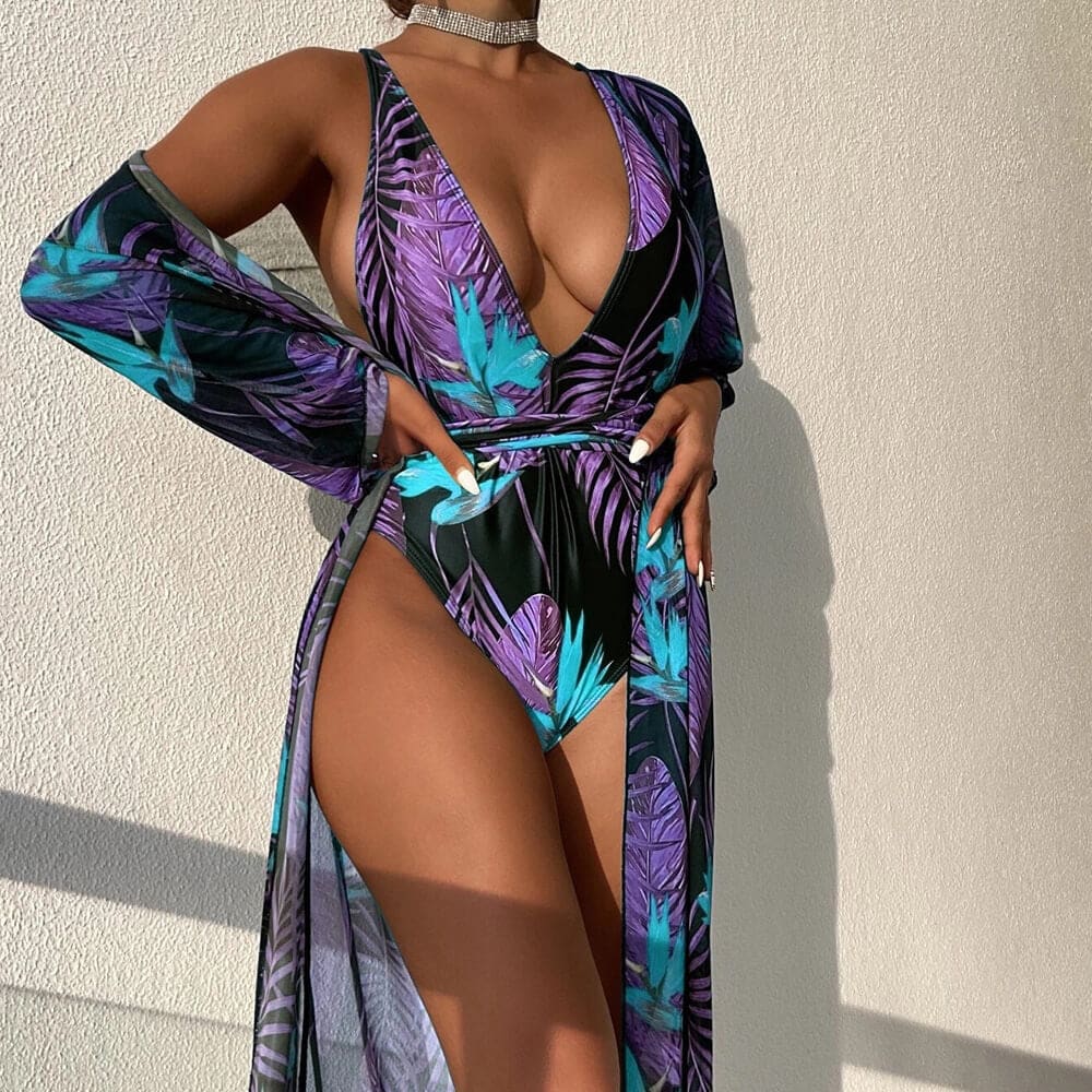 Sexy Palm Open Back Deep V One Piece Swimsuit - Purple / S On sale