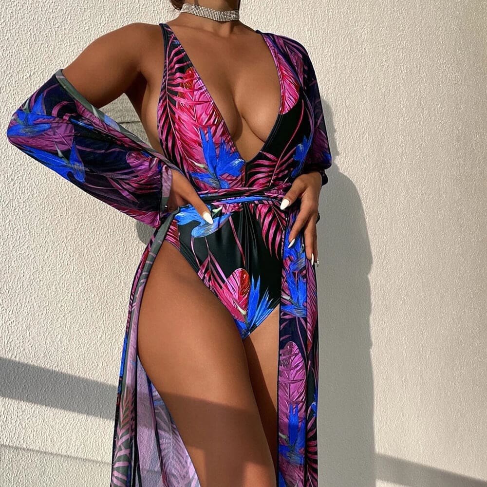 Sexy Palm Open Back Deep V One Piece Swimsuit - Rose / S On sale
