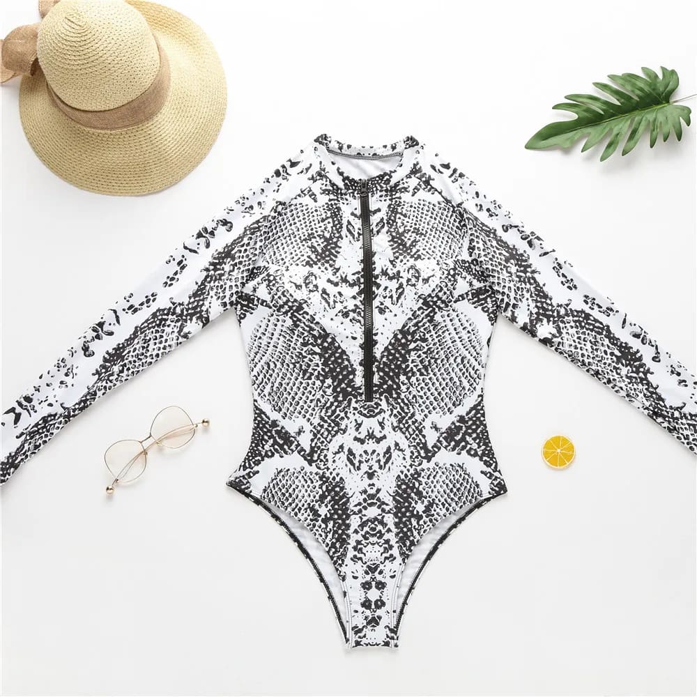 Sexy Print Long Sleeve Monokini – Women’s One Piece Swimsuit - On sale