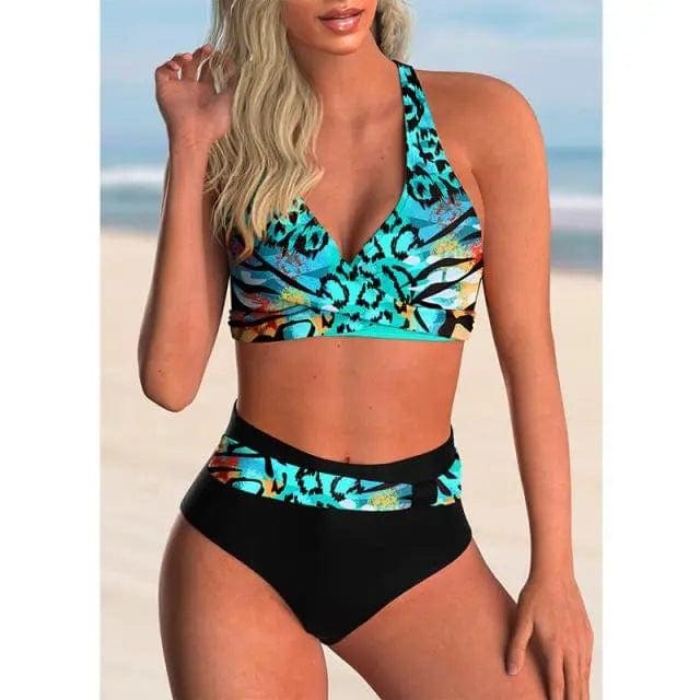 Sexy Printed Plus Size Push Up High Waisted Bikini Swimsuit - Dark blue / 2XL On sale