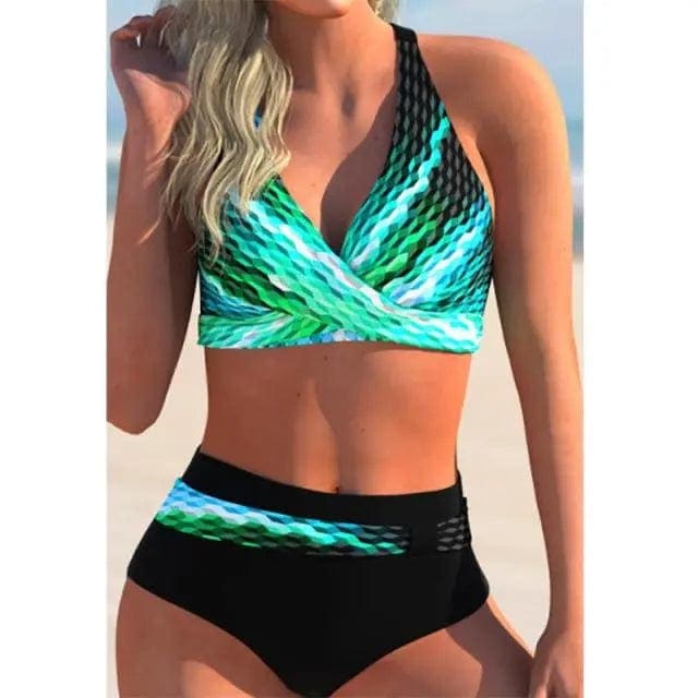 Sexy Printed Plus Size Push Up High Waisted Bikini Swimsuit - GREEN / L On sale
