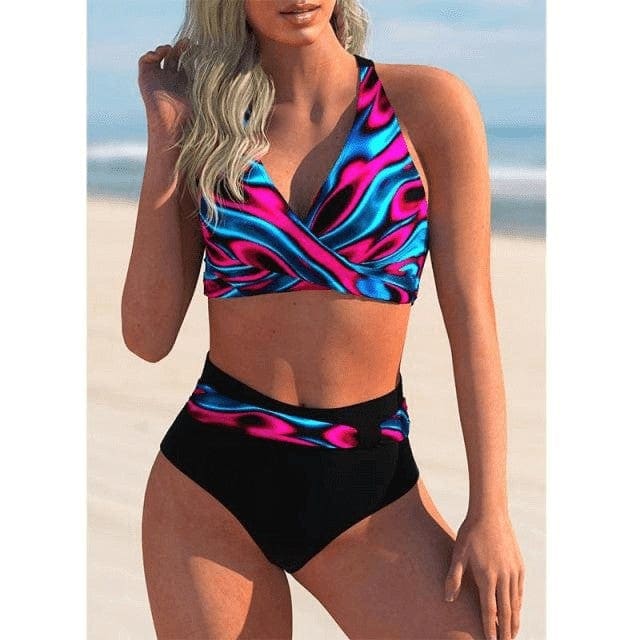 Sexy Printed Plus Size Push Up High Waisted Bikini Swimsuit - Multicolor / XL On sale