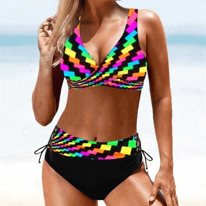 Sexy Printed Plus Size Push Up High Waisted Bikini Swimsuit - RAINBOW / 2XL On sale
