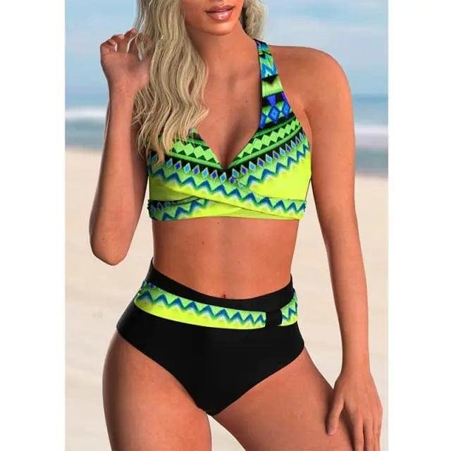 Sexy Printed Plus Size Push Up High Waisted Bikini Swimsuit - YELLOW / XL On sale