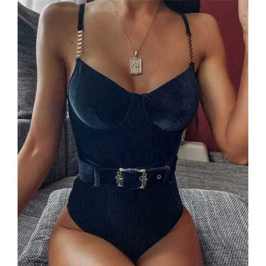 Sexy Ribbed Velvet High Leg Metal Chain One Piece Swimsuit - black / M On sale