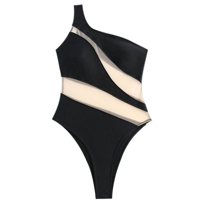 Sexy Sheer Mesh One Shoulder Piece Swimsuit - On sale