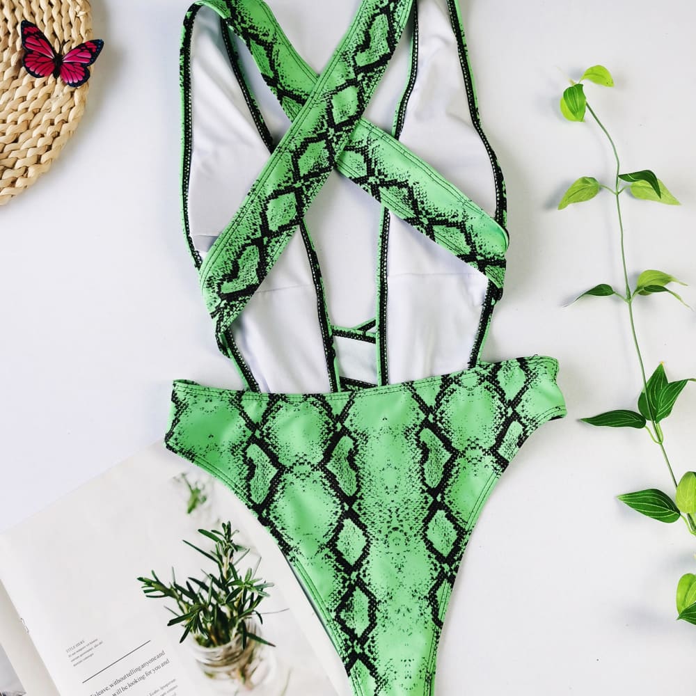 Sexy Snake Pattern Bandage One Piece Swimsuit - On sale